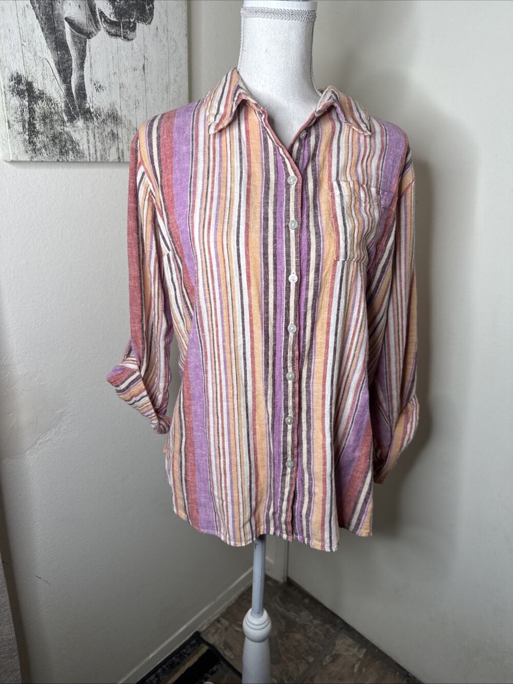 Naturals d&co. Button Down Shirt Womens MP Striped Linen Blend Roll Tab Sleeve